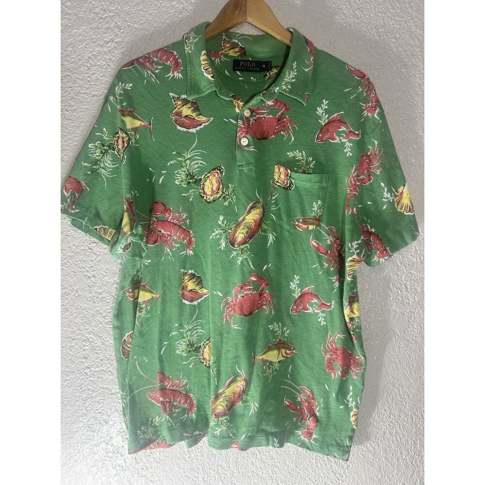 Polo Ralph Lauren Mens XL Green Lobster Crab Fish Print Polo Shirt 100% Cotton